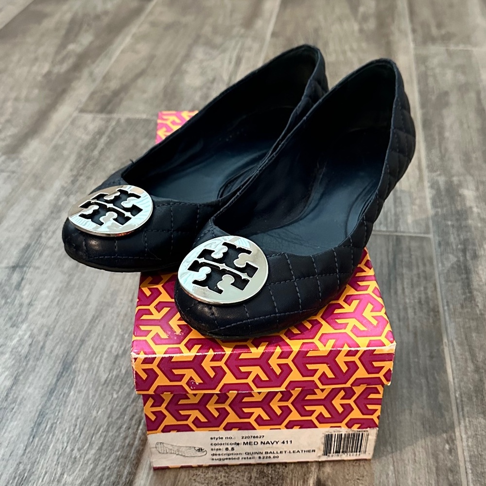 Tory Burch Navy Blue Quilted Leather Ballet Flats - Size 8.5